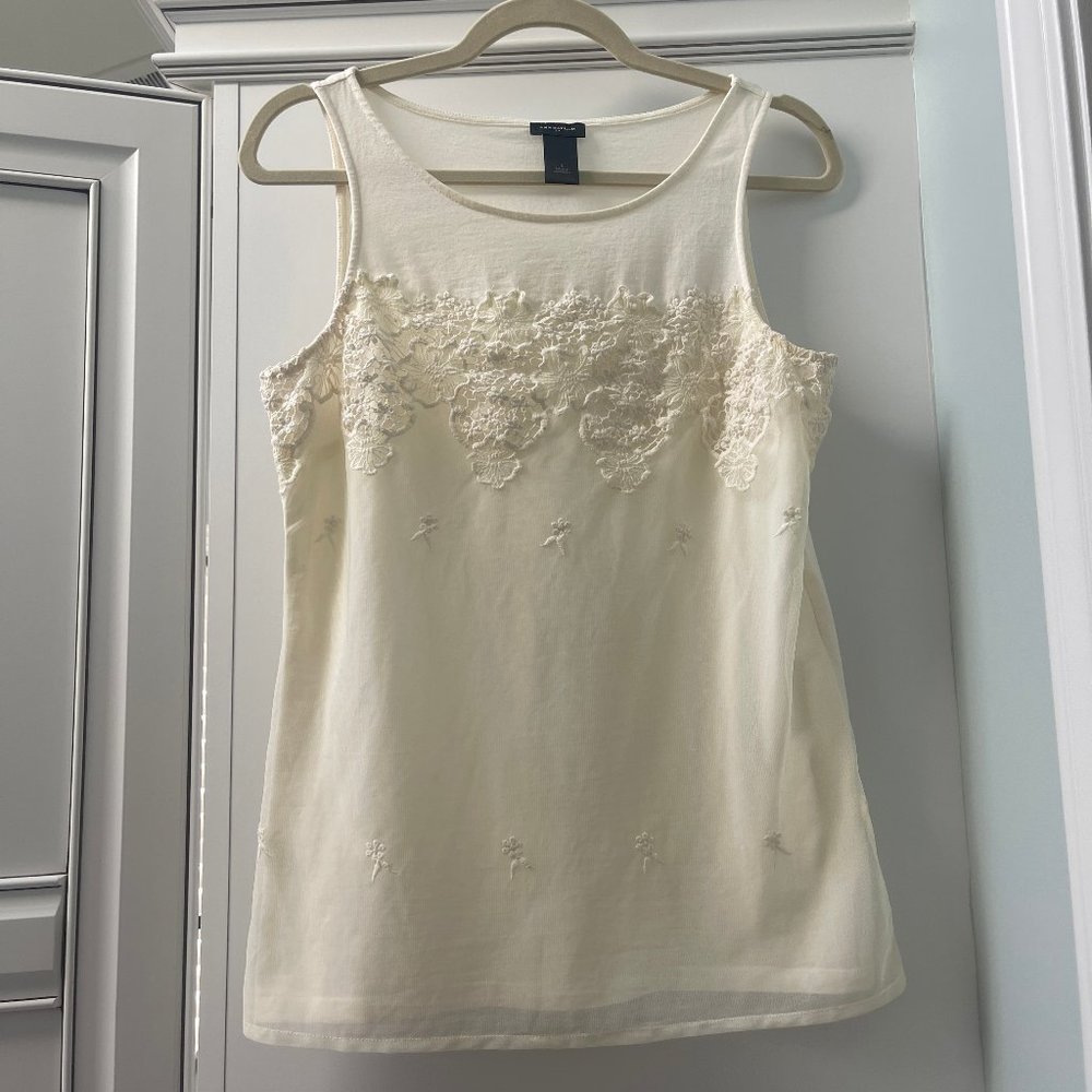 Ann Taylor Cream Tank with Mesh Sheer Floral Embroidered Overlay, Size Small
